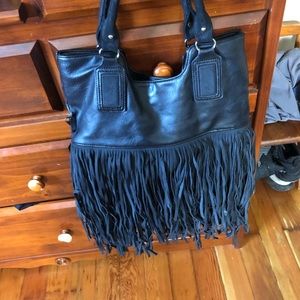 Black leather fringe handbag